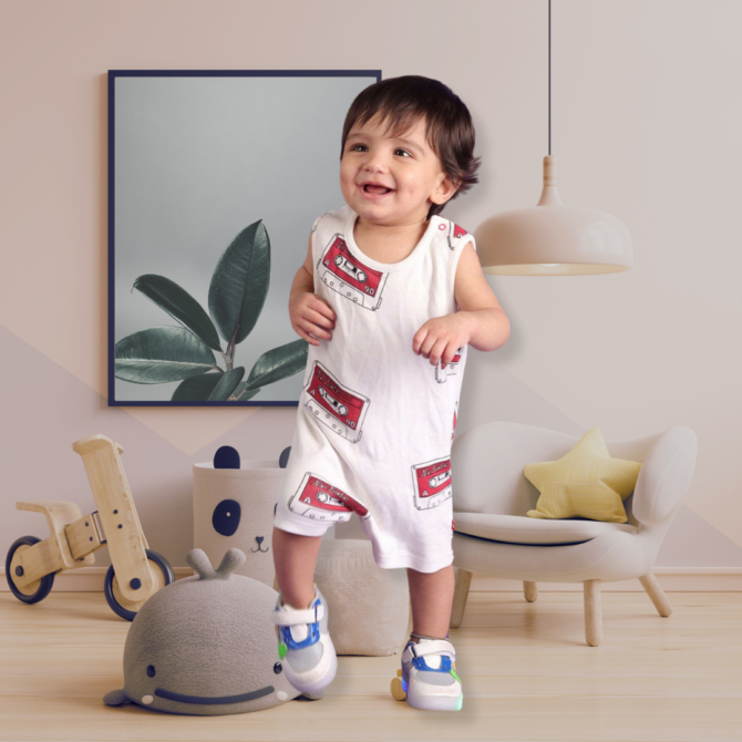 Round Neck Cassette Print Sleeveless Romper For Unisex Baby